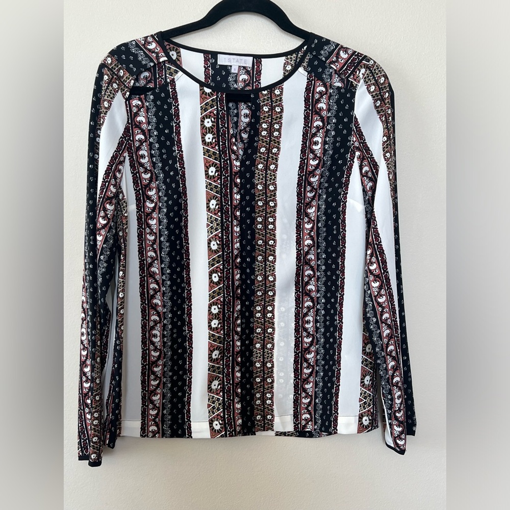1. State long sleeve blouse women’s S cut out pattern semi sheer business casual